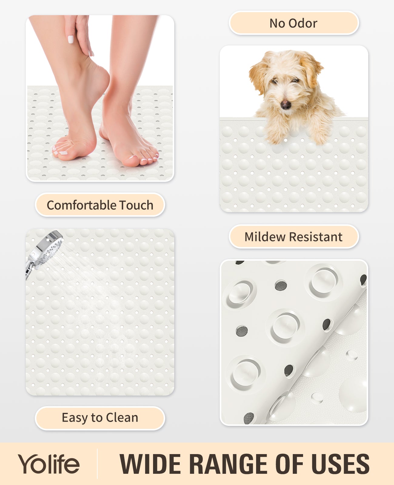 Yolife Extra Large Shower Mat 47.2x31.5" - TPE Non-Slip Bath Mat w/Suction Cups & Drain Holes, Heavy Duty for Shower Stall, Odor-Free