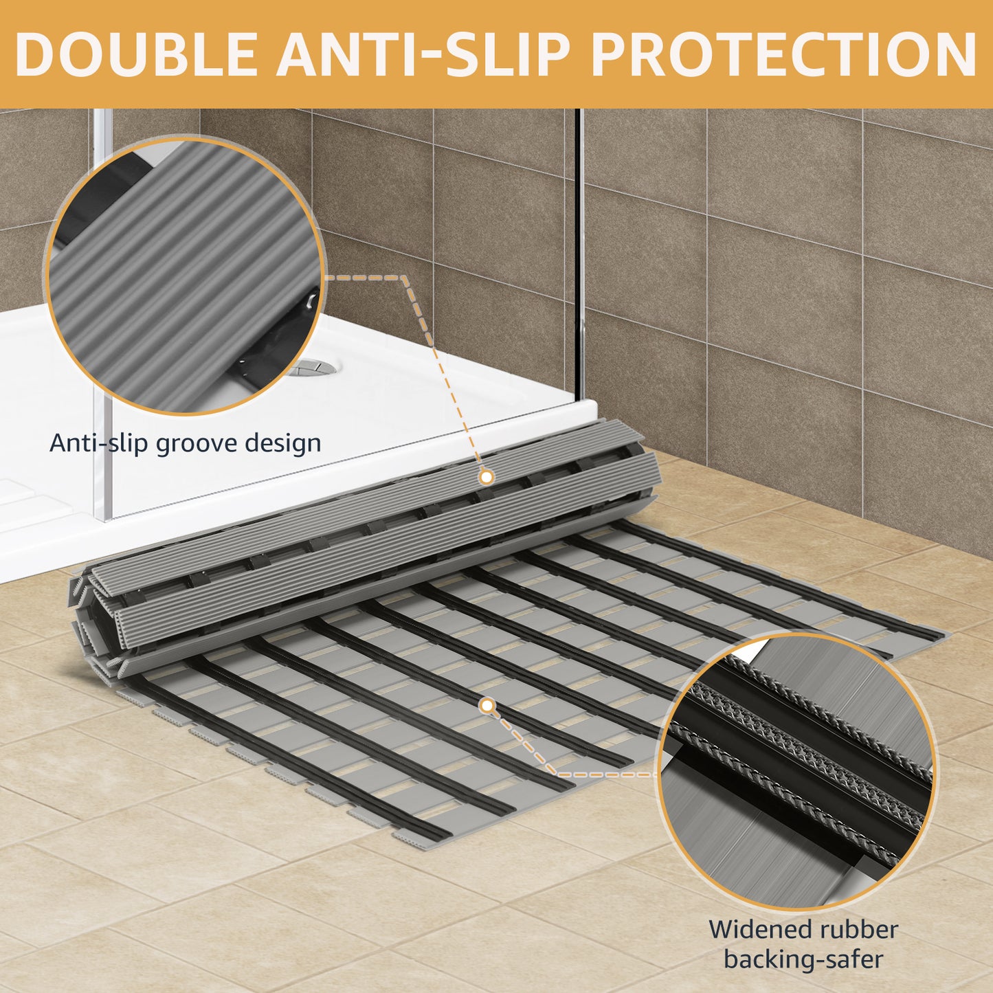 Yolife Extra Large PVC Shower Mat, 35.4x24 inch Non-Slip Bath Mat with Quick Drain, No Suction Cups, Easy to Cut & Store for Tub, Stall, Spa