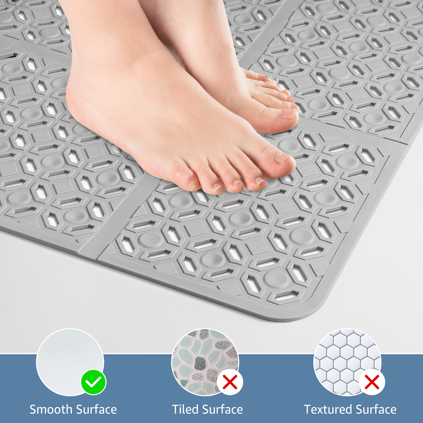 Yolife 27" x 27" Square Shower Mat, Non-Slip TPE Bath Mat with Drain Hole & Suction Cups, Machine Washable Soft Floor Mat for Tub or Stall