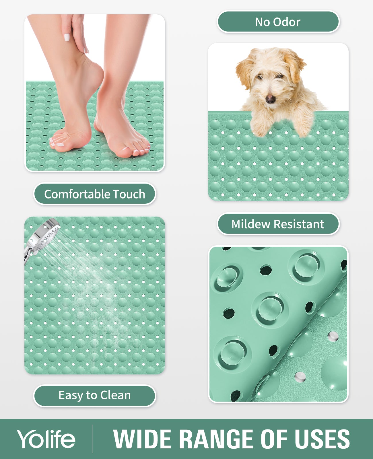 Yolife Extra Large Shower Mat 47.2x31.5" - TPE Non-Slip Bath Mat w/Suction Cups & Drain Holes, Heavy Duty for Shower Stall, Odor-Free