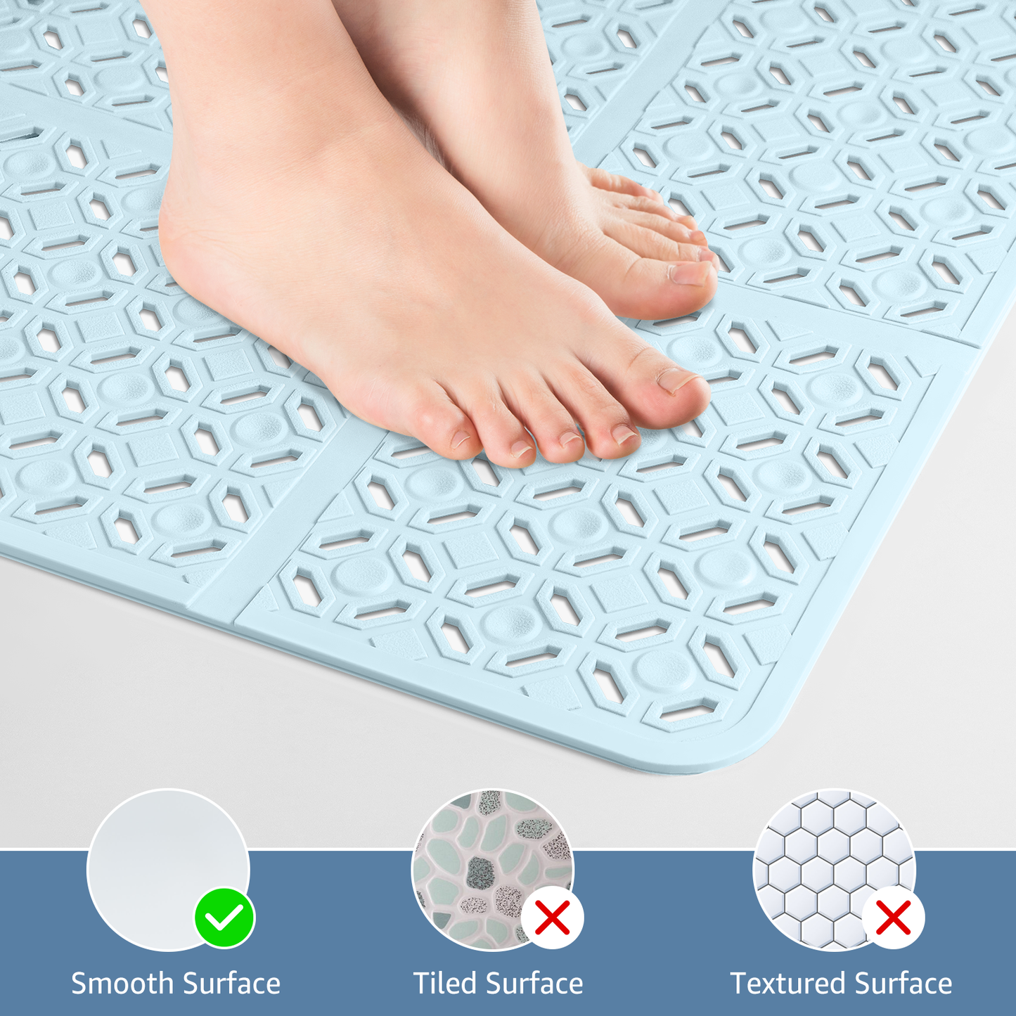 Yolife 27" x 27" Square Shower Mat, Non-Slip TPE Bath Mat with Drain Hole & Suction Cups, Machine Washable Soft Floor Mat for Tub or Stall