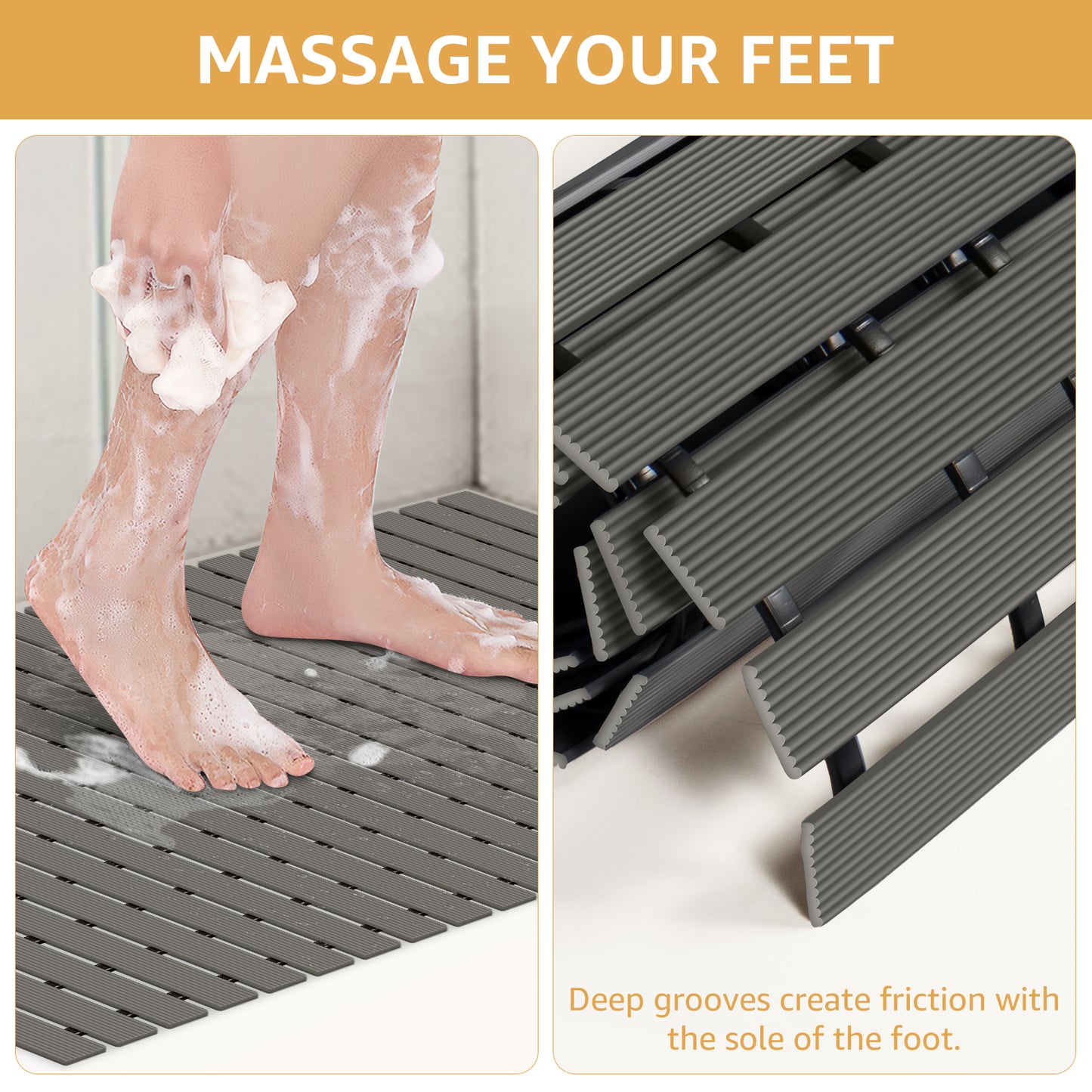 Yolife Extra Large PVC Shower Mat, 35.4x24 inch Non-Slip Bath Mat with Quick Drain, No Suction Cups, Easy to Cut & Store for Tub, Stall, Spa