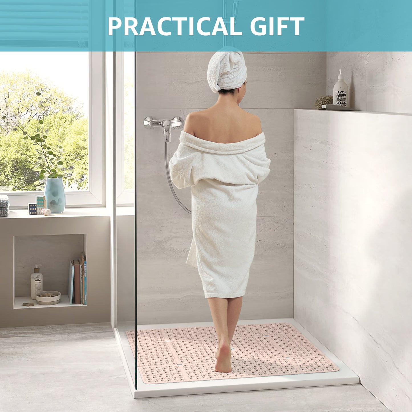 OTHWAY Square Shower Mat, 27"x 27" Extra Large Shower Mats for Inside Shower, TPE Anti Slip Shower Mat with Suction Cups Drain Holes, Machine Washable Shower Floor Mat