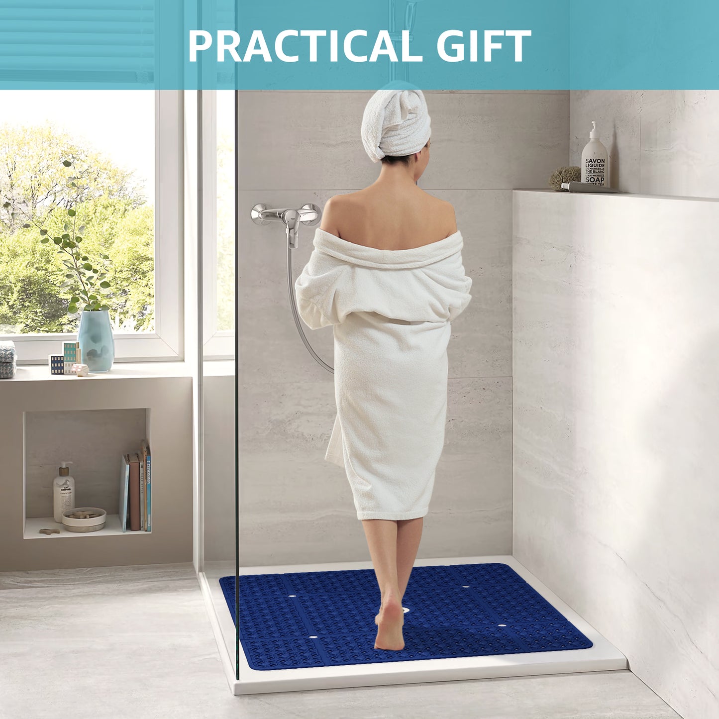 OTHWAY Square Shower Mat, 27"x 27" Extra Large Shower Mats for Inside Shower, TPE Anti Slip Shower Mat with Suction Cups Drain Holes, Machine Washable Shower Floor Mat