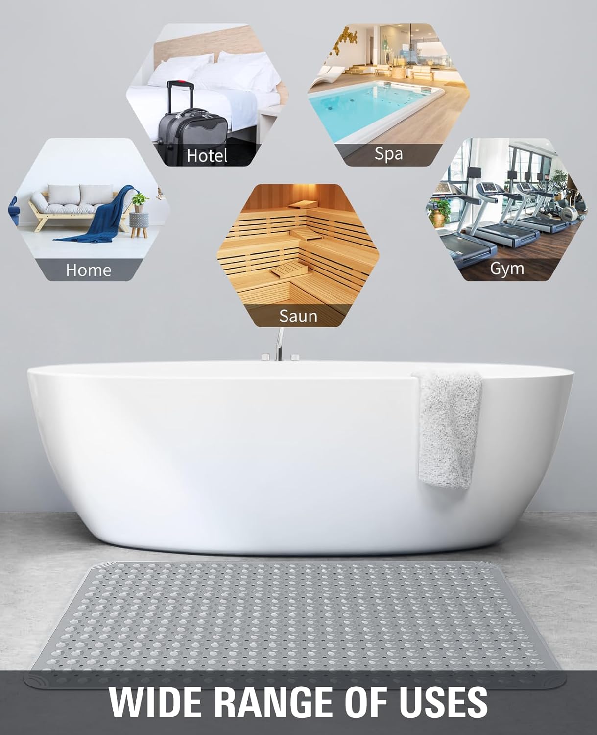 Yolife Extra Large Shower Mat 18.9x30.7" - TPE Non-Slip Bath Mat w/Suction Cups & Drain Holes, Heavy Duty for Shower Stall, Odor-Free