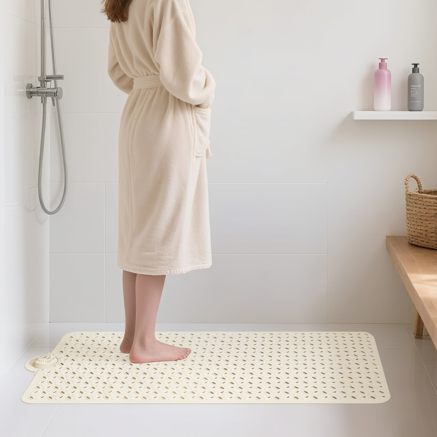 OTHWAY Non-Slip Bath Mat for Tub with Hair Catcher, 39"x17" Long Shower Mat, Large Drain Holes, Machine Washable Gripper Tub Mat