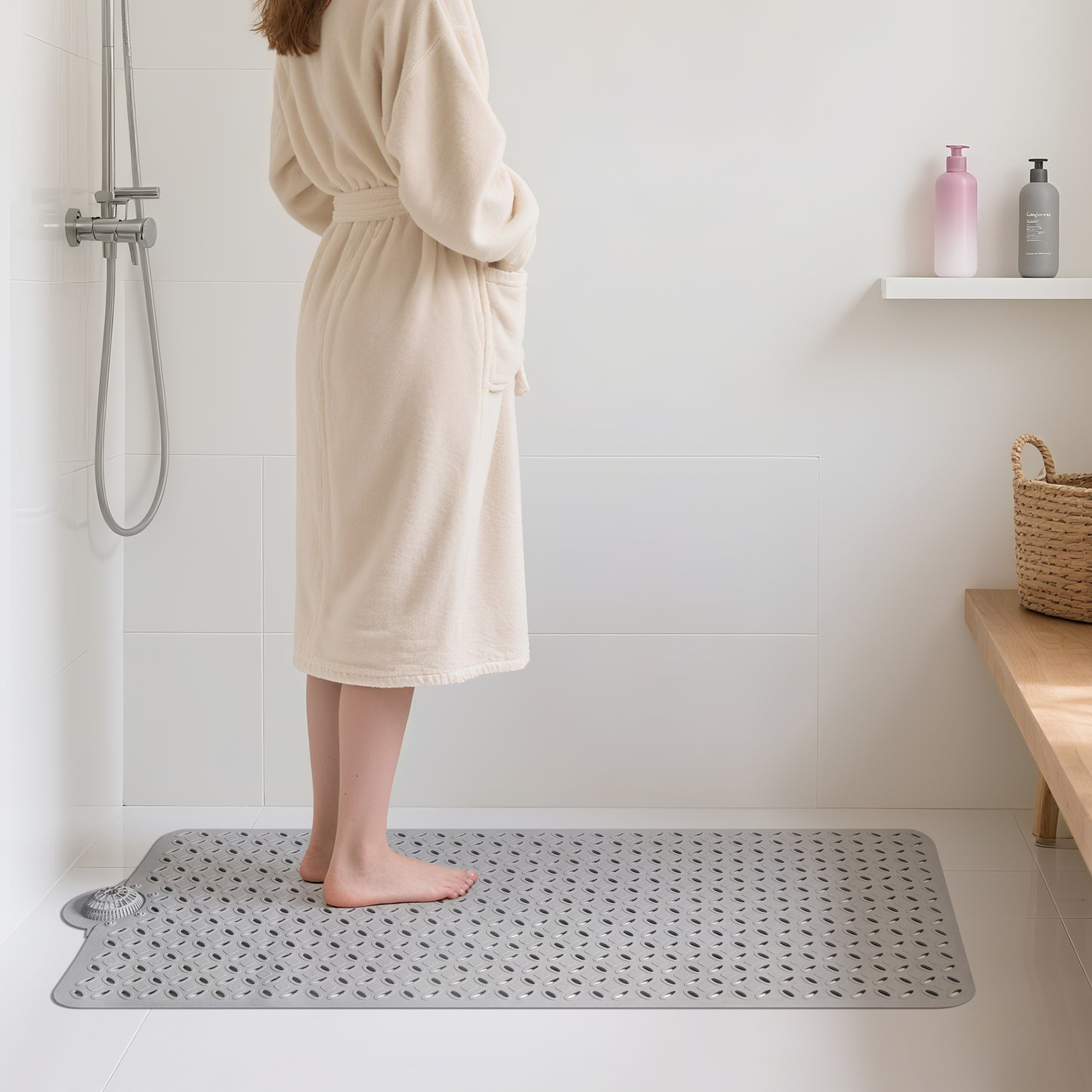 OTHWAY Non-Slip Bath Mat for Tub with Hair Catcher, 39"x17" Long Shower Mat, Large Drain Holes, Machine Washable Gripper Tub Mat