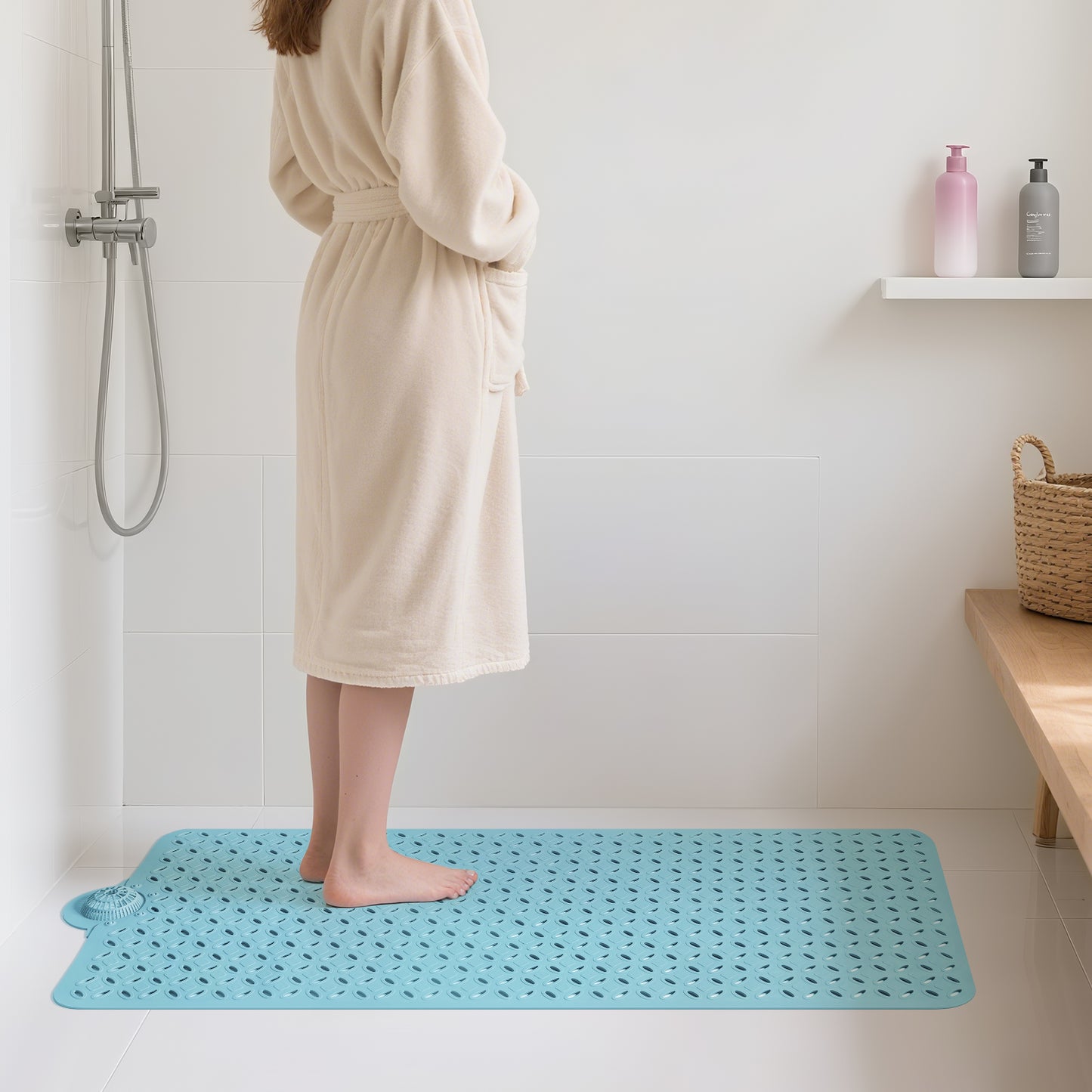 OTHWAY Non-Slip Bath Mat for Tub with Hair Catcher, 39"x17" Long Shower Mat, Large Drain Holes, Machine Washable Gripper Tub Mat