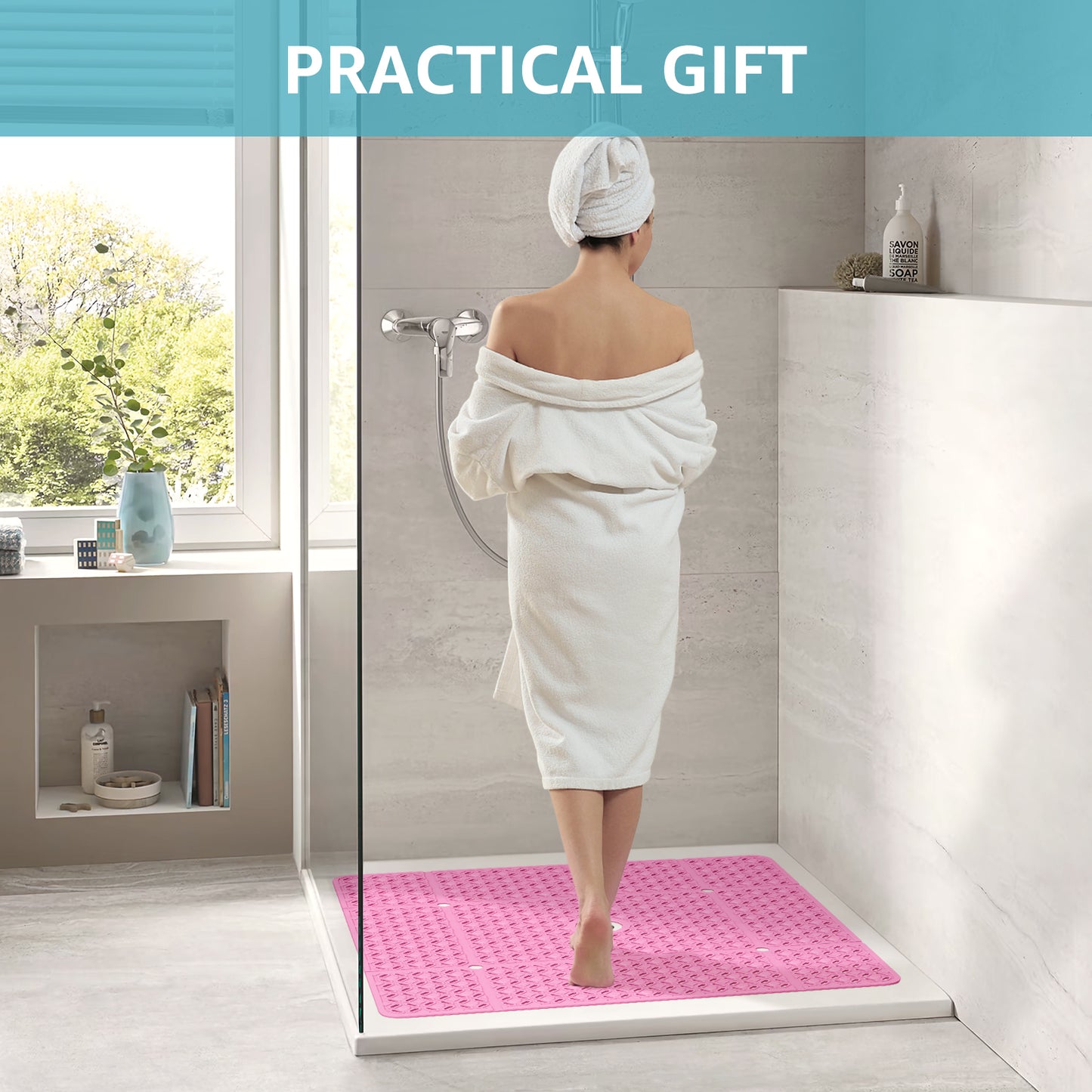 OTHWAY Square Shower Mat, 27"x 27" Extra Large Shower Mats for Inside Shower, TPE Anti Slip Shower Mat with Suction Cups Drain Holes, Machine Washable Shower Floor Mat