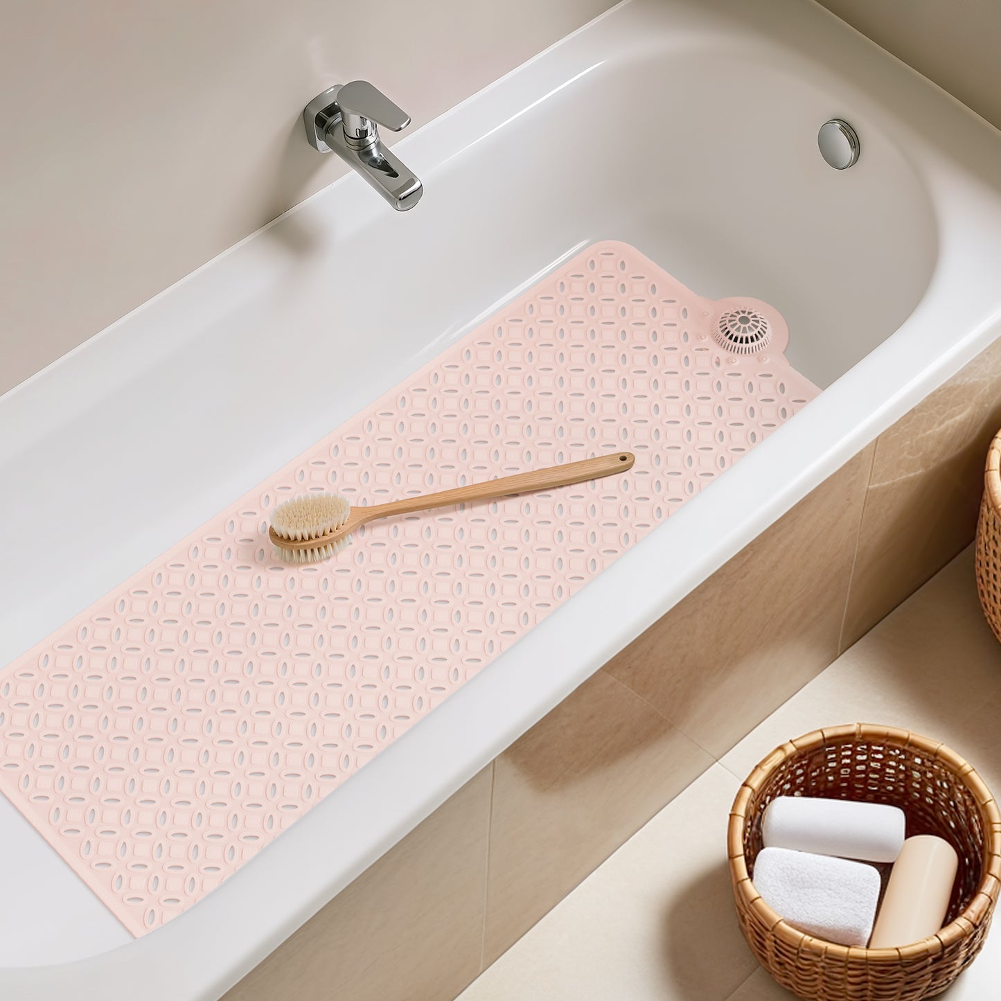 OTHWAY Non-Slip Bath Mat for Tub with Hair Catcher, 39"x17" Long Shower Mat, Large Drain Holes, Machine Washable Gripper Tub Mat