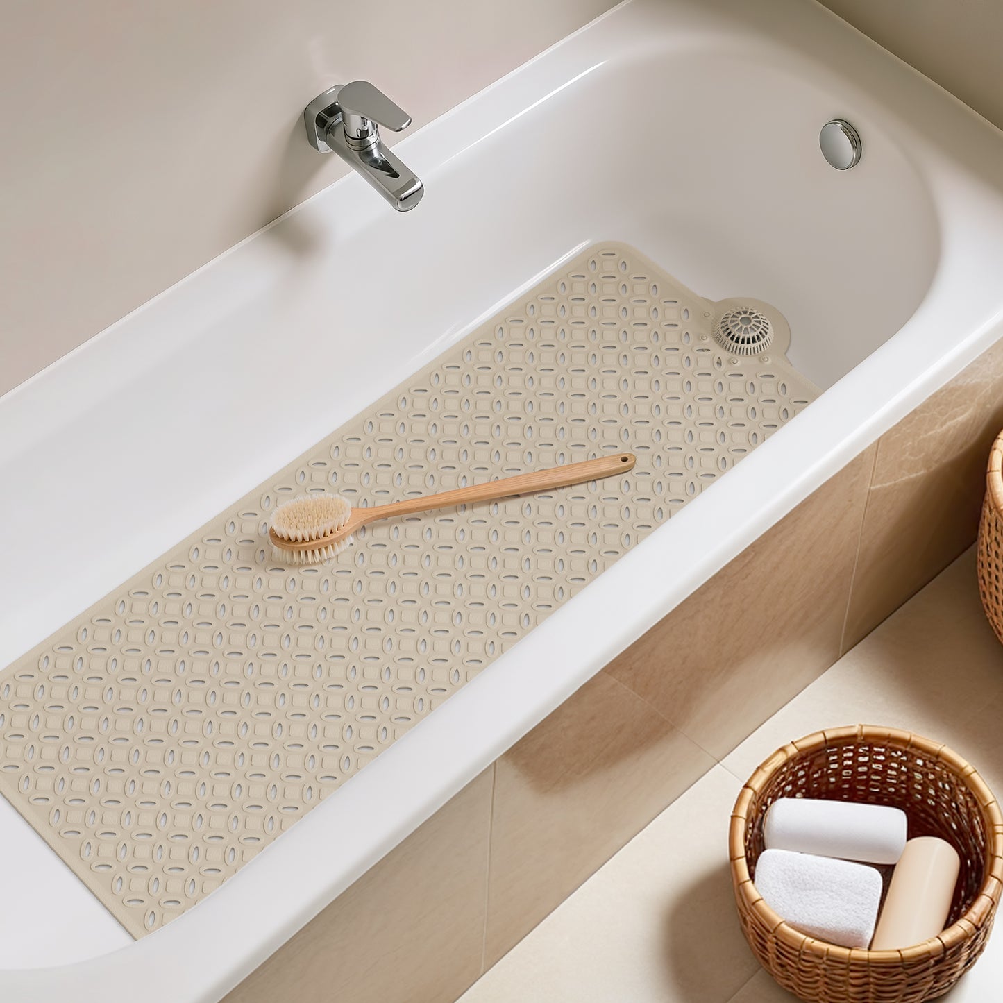OTHWAY Non-Slip Bath Mat for Tub with Hair Catcher, 39"x17" Long Shower Mat, Large Drain Holes, Machine Washable Gripper Tub Mat
