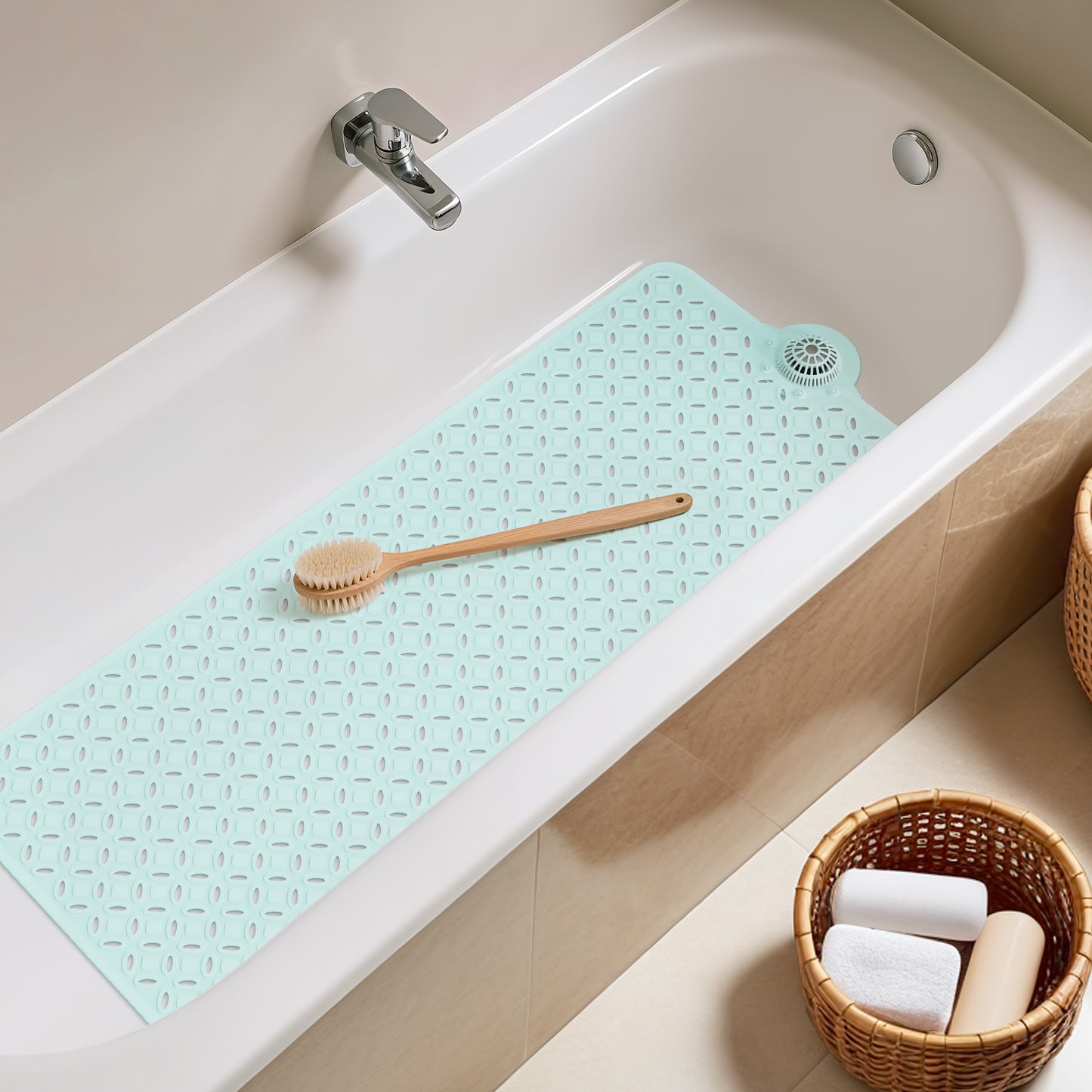 OTHWAY Non-Slip Bath Mat for Tub with Hair Catcher, 39"x17" Long Shower Mat, Large Drain Holes, Machine Washable Gripper Tub Mat