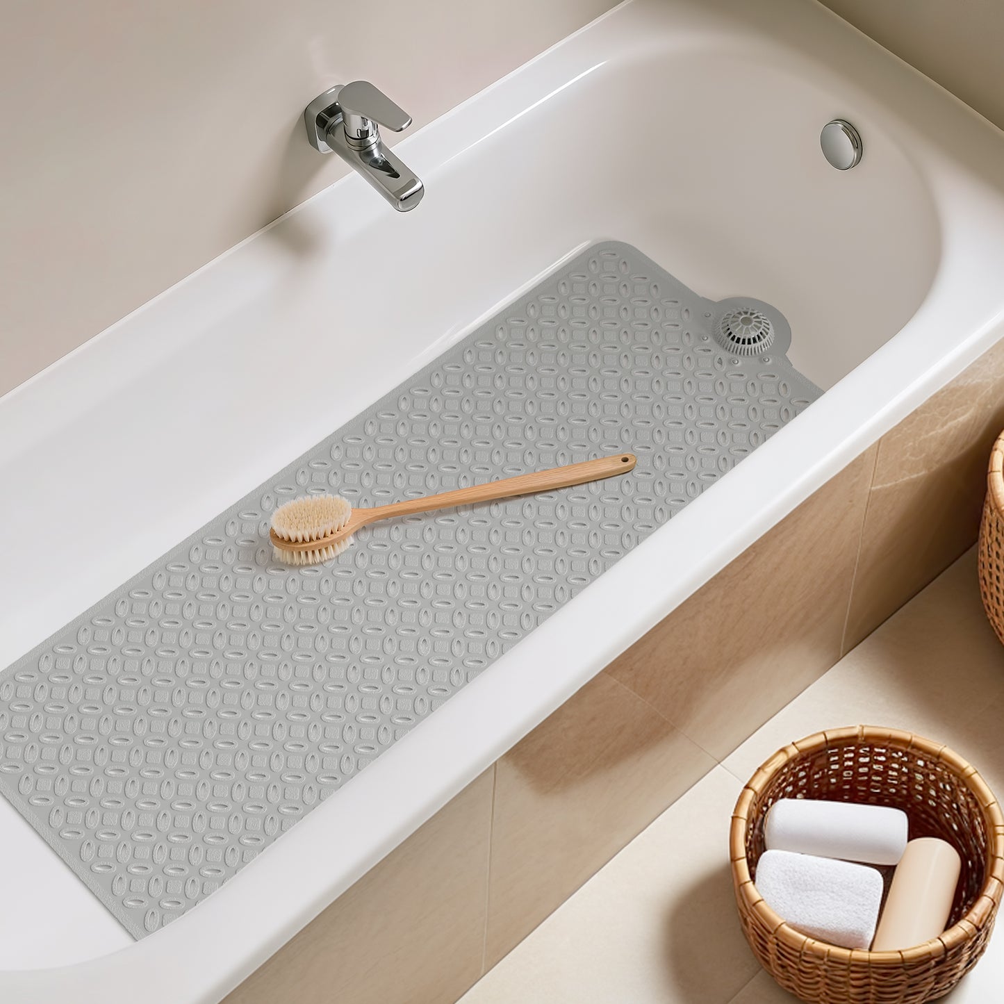 OTHWAY Non-Slip Bath Mat for Tub with Hair Catcher, 39"x17" Long Shower Mat, Large Drain Holes, Machine Washable Gripper Tub Mat
