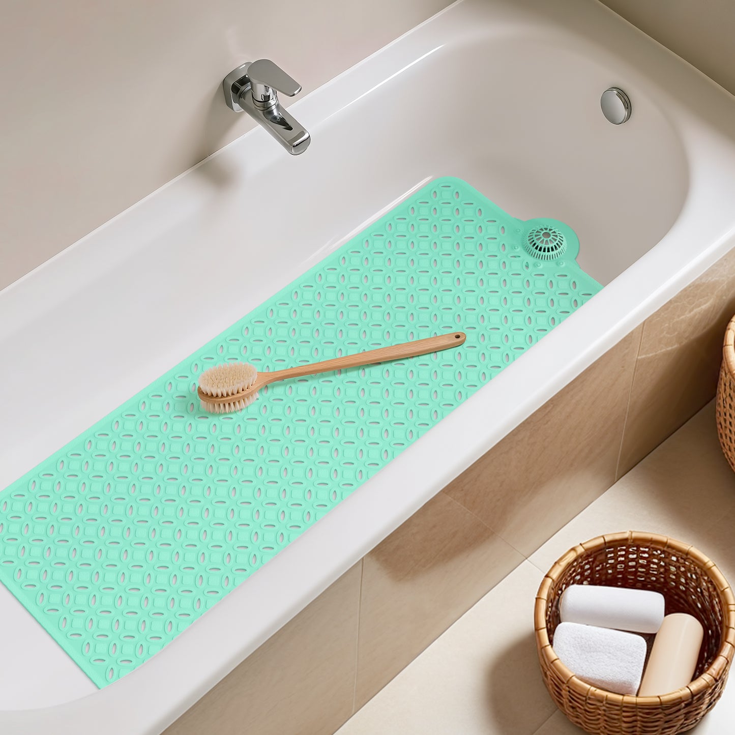 OTHWAY Non-Slip Bath Mat for Tub with Hair Catcher, 39"x17" Long Shower Mat, Large Drain Holes, Machine Washable Gripper Tub Mat