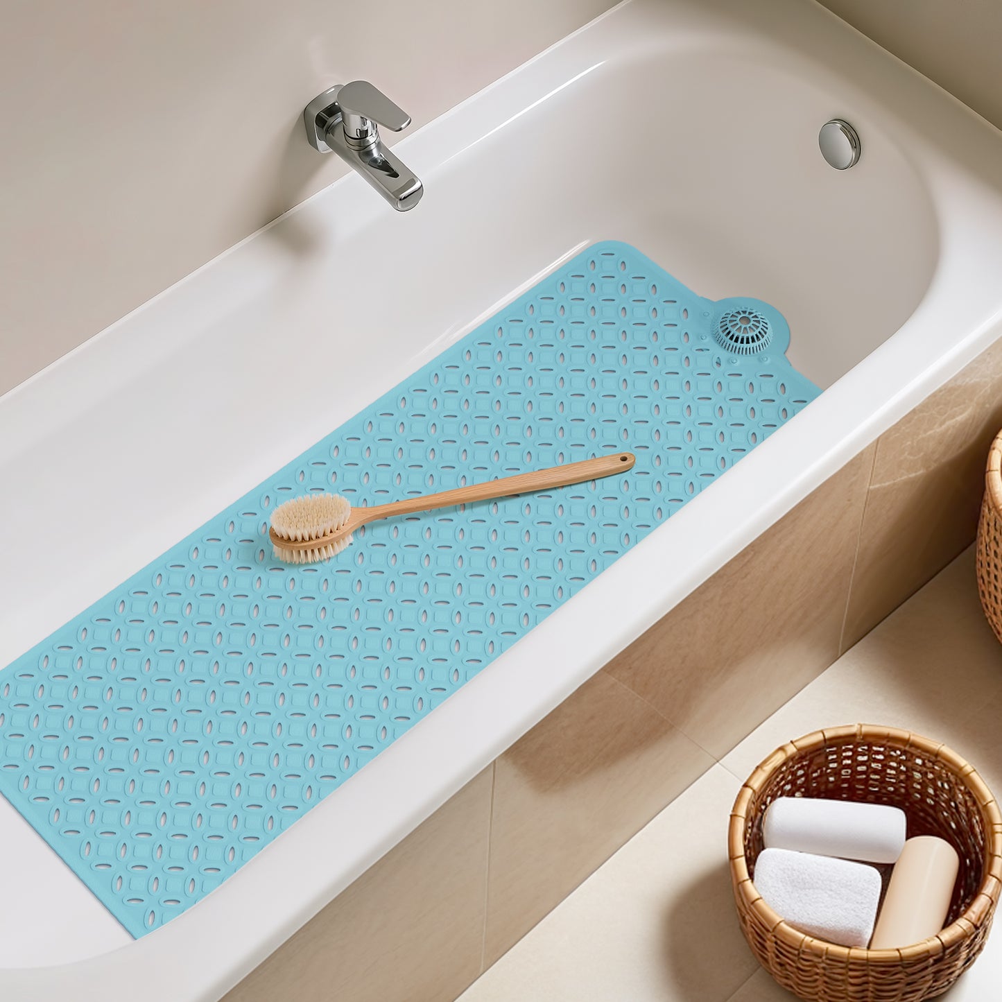 OTHWAY Non-Slip Bath Mat for Tub with Hair Catcher, 39"x17" Long Shower Mat, Large Drain Holes, Machine Washable Gripper Tub Mat