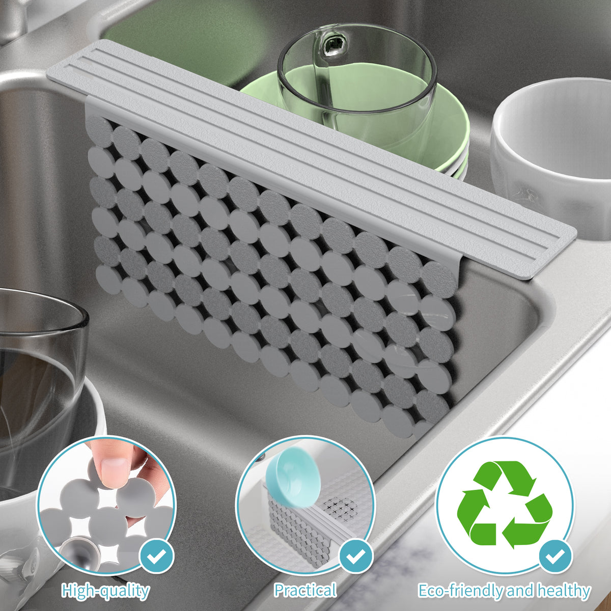 OTHWAY 9.5"x12" Non-Slip Double Sink Divider Protector Mat - Heavy-Duty Dish Drying Rack with Strong Suction Cups, Easy to Clean & No Smell Kitchen Sink Tray for Glassware, Plates & Dishes