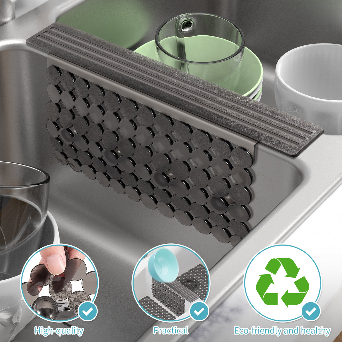 OTHWAY 9.5"x12" Non-Slip Double Sink Divider Protector Mat - Heavy-Duty Dish Drying Rack with Strong Suction Cups, Easy to Clean & No Smell Kitchen Sink Tray for Glassware, Plates & Dishes