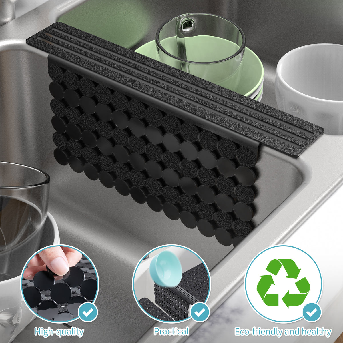 OTHWAY 9.5"x12" Non-Slip Double Sink Divider Protector Mat - Heavy-Duty Dish Drying Rack with Strong Suction Cups, Easy to Clean & No Smell Kitchen Sink Tray for Glassware, Plates & Dishes