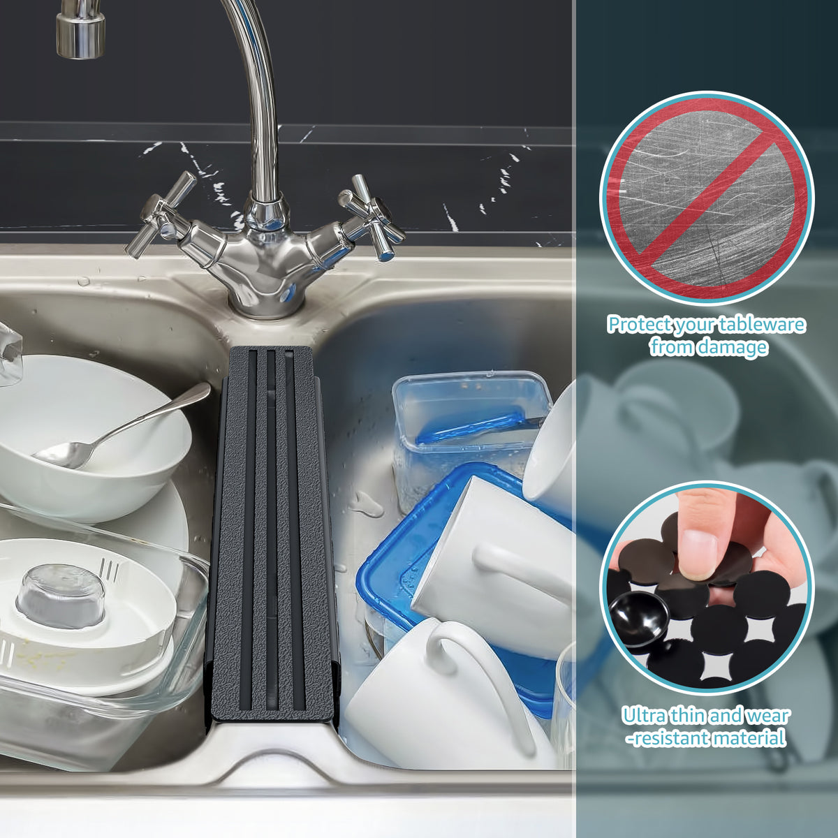OTHWAY 9.5"x12" Non-Slip Double Sink Divider Protector Mat - Heavy-Duty Dish Drying Rack with Strong Suction Cups, Easy to Clean & No Smell Kitchen Sink Tray for Glassware, Plates & Dishes
