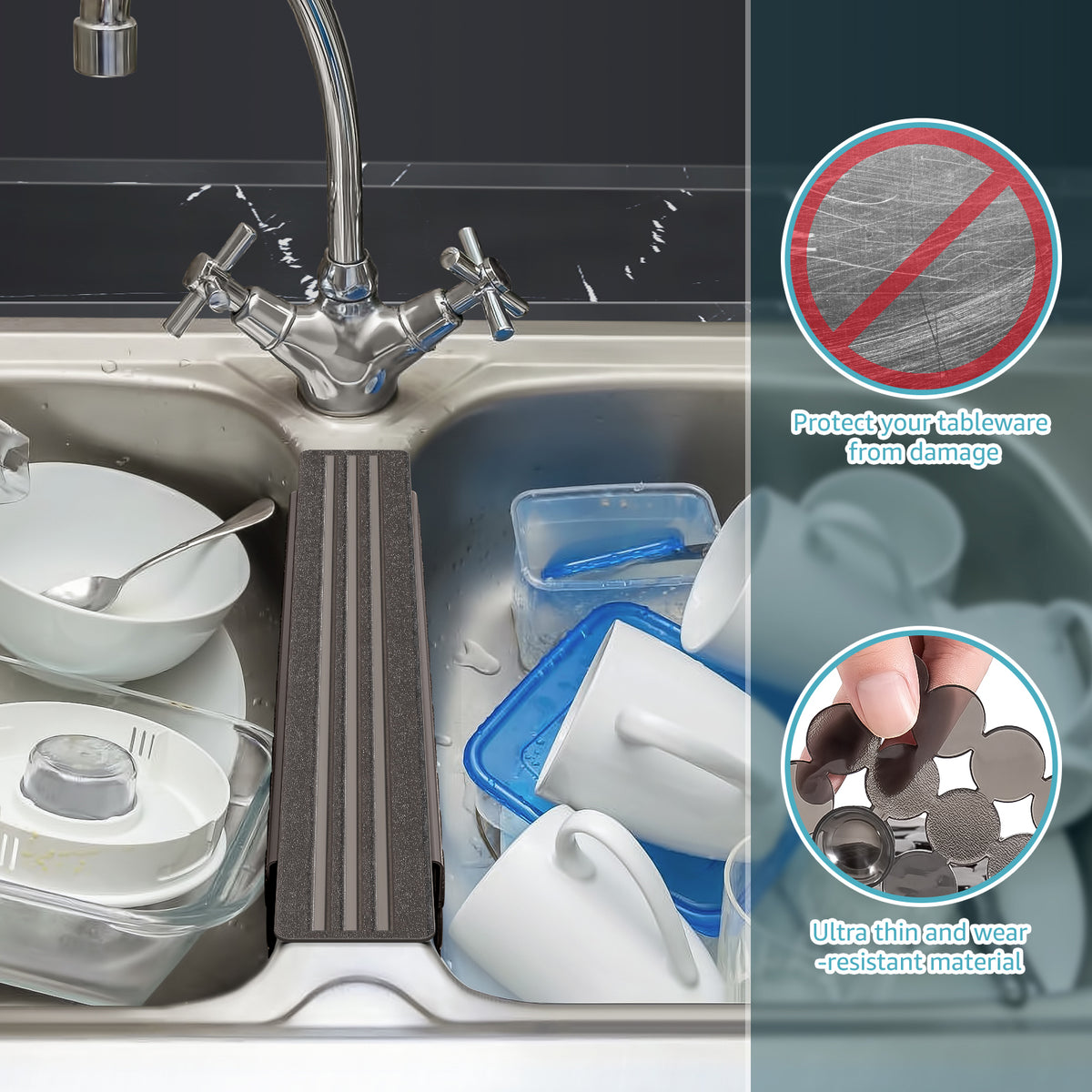 OTHWAY 9.5"x12" Non-Slip Double Sink Divider Protector Mat - Heavy-Duty Dish Drying Rack with Strong Suction Cups, Easy to Clean & No Smell Kitchen Sink Tray for Glassware, Plates & Dishes