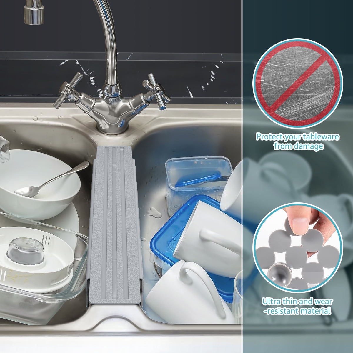 OTHWAY 9.5"x12" Non-Slip Double Sink Divider Protector Mat - Heavy-Duty Dish Drying Rack with Strong Suction Cups, Easy to Clean & No Smell Kitchen Sink Tray for Glassware, Plates & Dishes