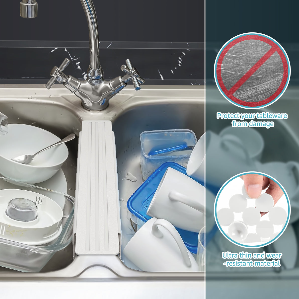 OTHWAY 9.5"x12" Non-Slip Double Sink Divider Protector Mat - Heavy-Duty Dish Drying Rack with Strong Suction Cups, Easy to Clean & No Smell Kitchen Sink Tray for Glassware, Plates & Dishes
