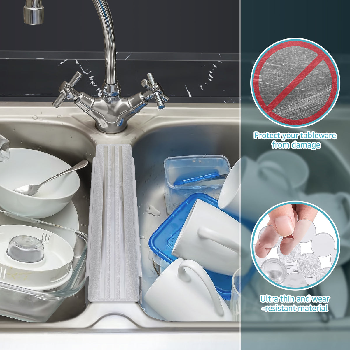 OTHWAY 9.5"x12" Non-Slip Double Sink Divider Protector Mat - Heavy-Duty Dish Drying Rack with Strong Suction Cups, Easy to Clean & No Smell Kitchen Sink Tray for Glassware, Plates & Dishes